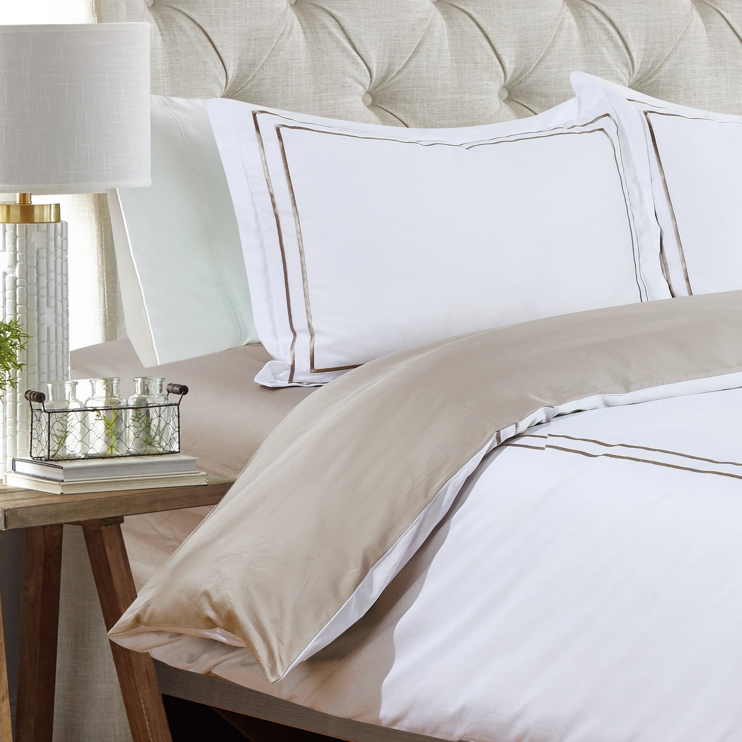 Flora Hotel Collection - White with Taupe Embroidery #BL51-3