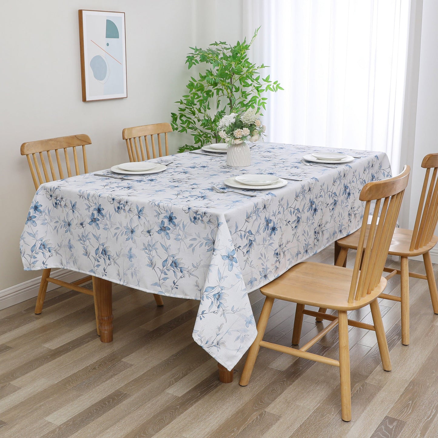 Tablecloth - Value Linen Look - Harvest Weave - Soft Blue Flowers #TC1810