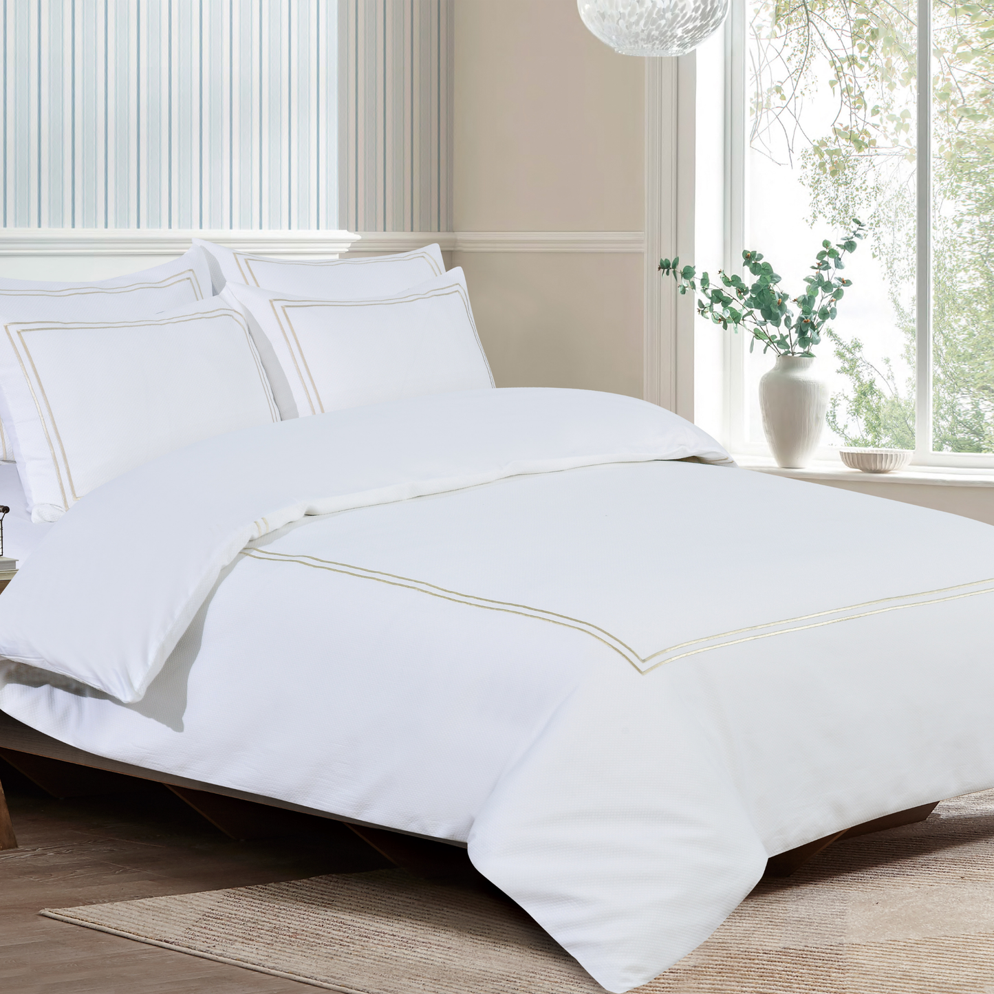 Flora Hotel Collection - Piqué - Off-White cotton with Champaign Floral Embroidery #BL64