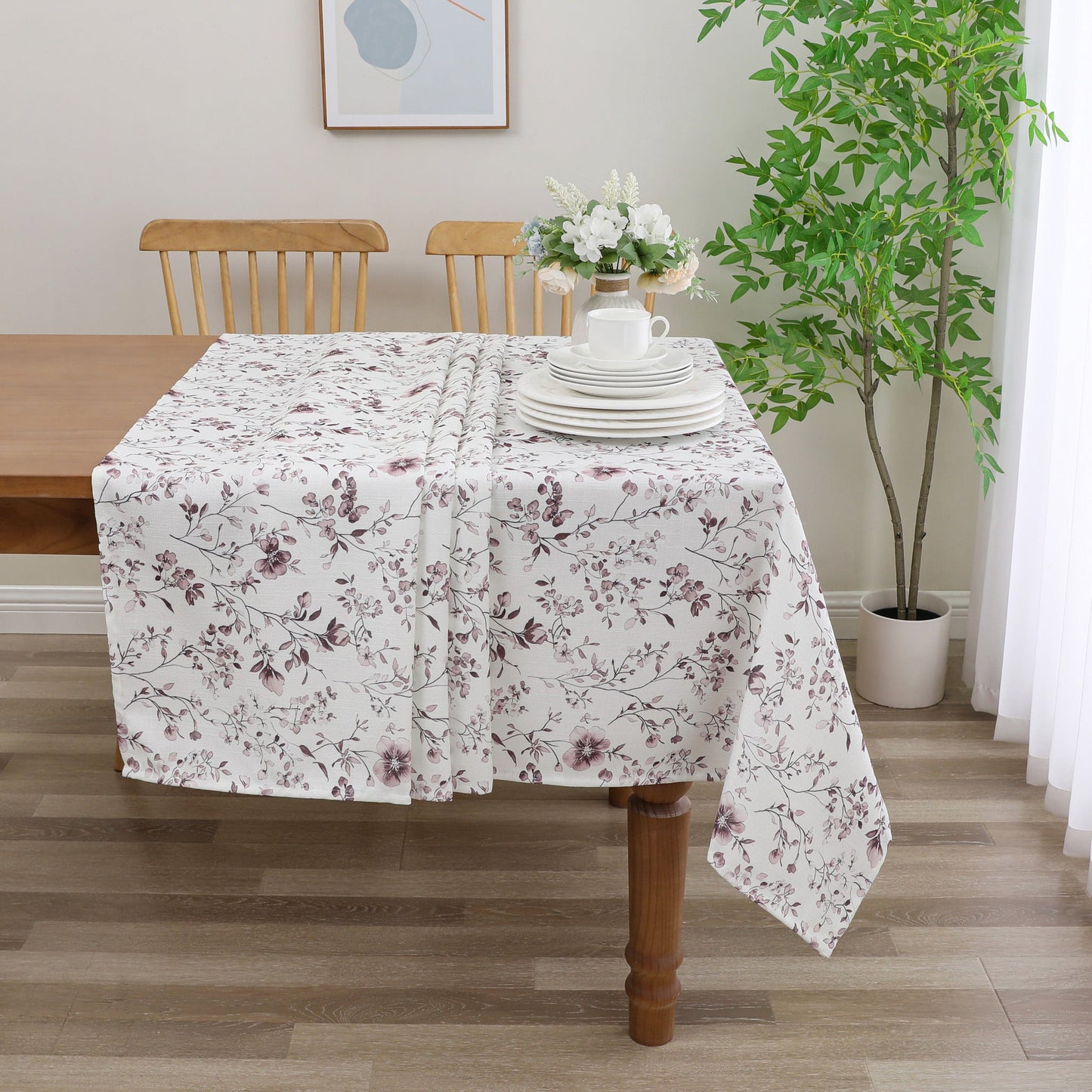 Tablecloth - Value Linen Look - Harvest Weave - Mauve Flowers #TC1809