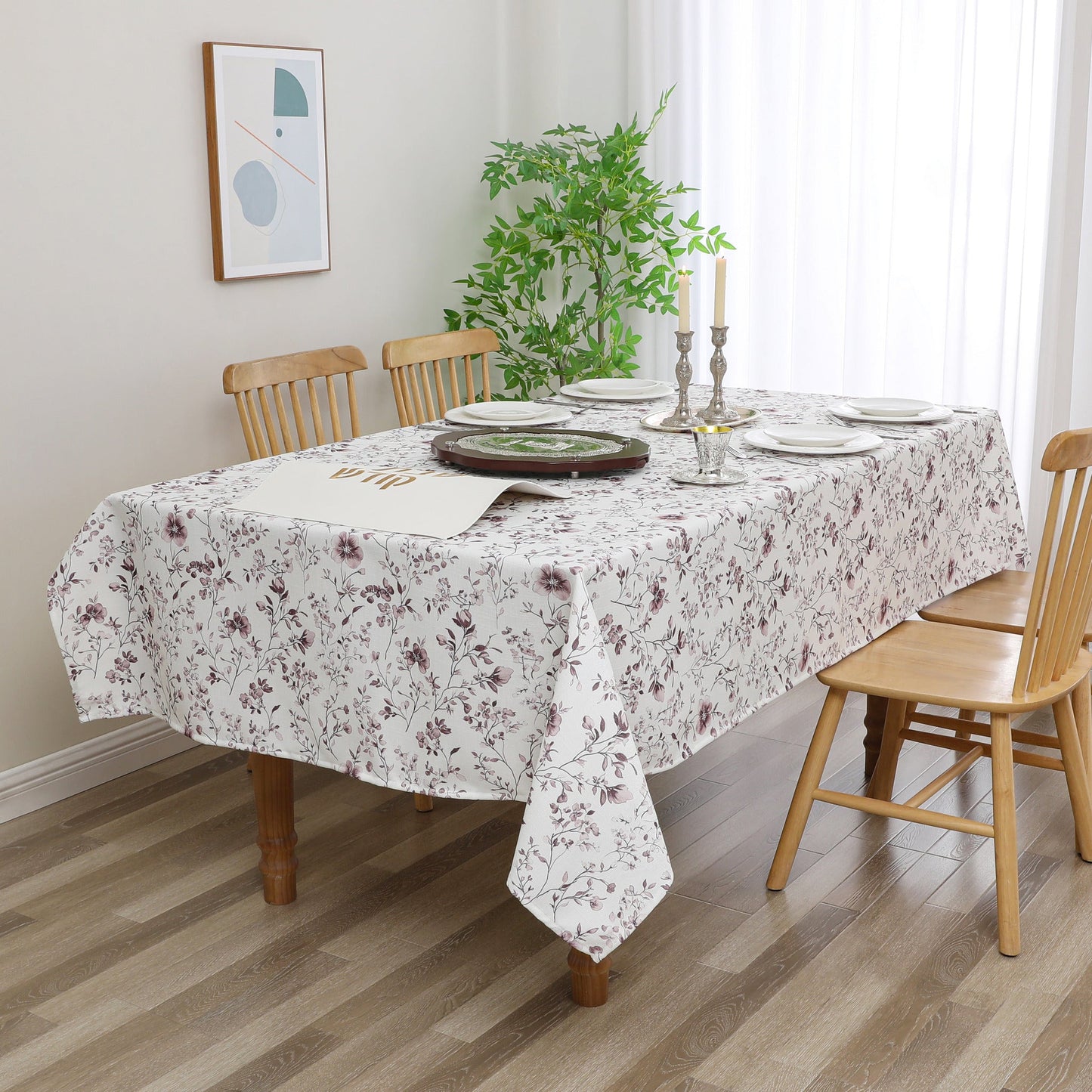 Tablecloth - Value Linen Look - Harvest Weave - Mauve Flowers #TC1809