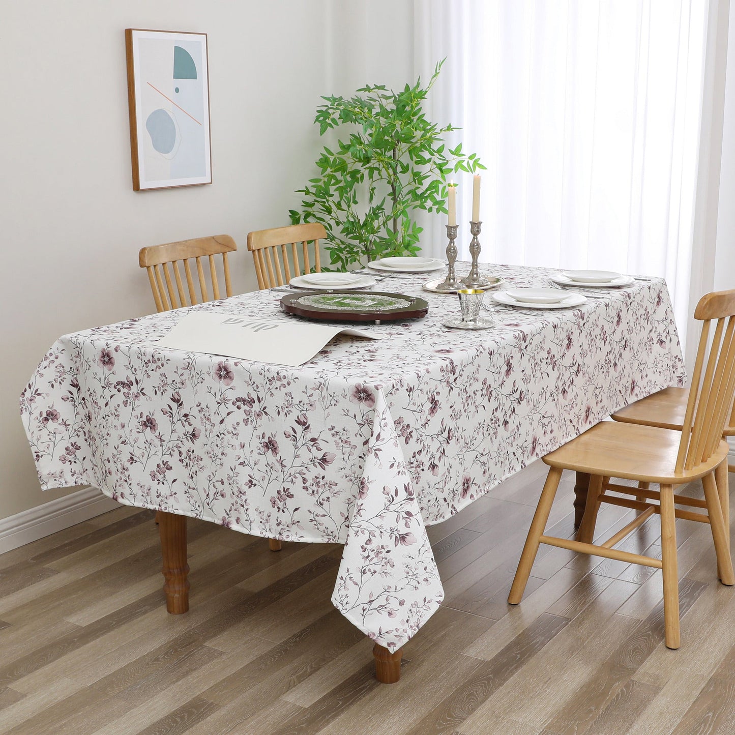 Tablecloth - Value Linen Look - Harvest Weave - Mauve Flowers #TC1809