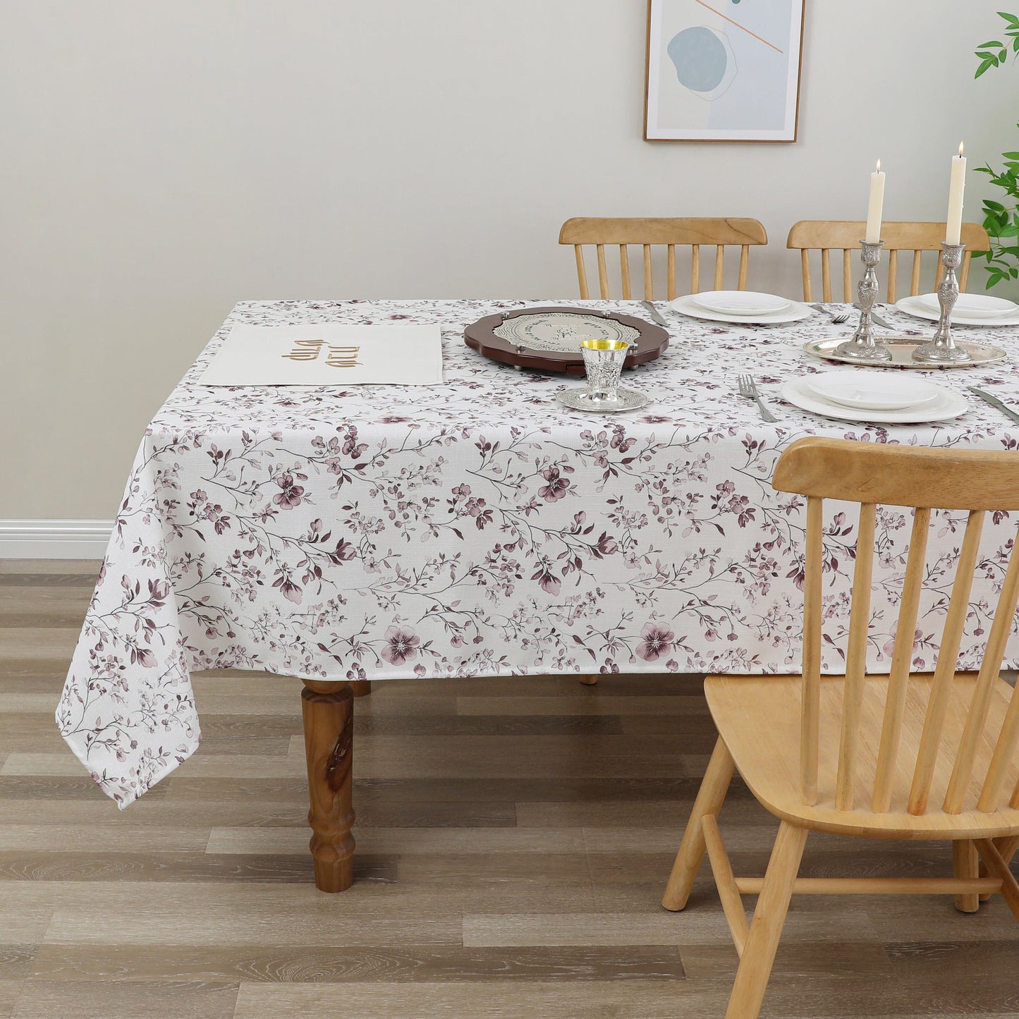 Tablecloth - Value Linen Look - Harvest Weave - Mauve Flowers #TC1809