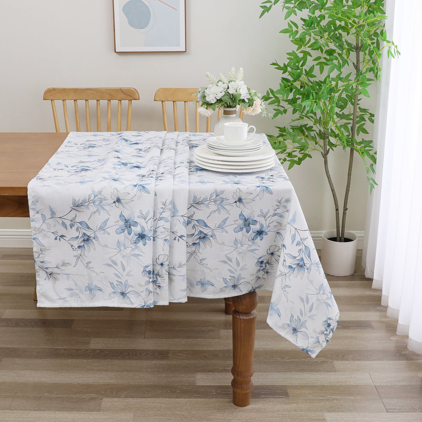 Tablecloth - Value Linen Look - Harvest Weave - Soft Blue Flowers #TC1810
