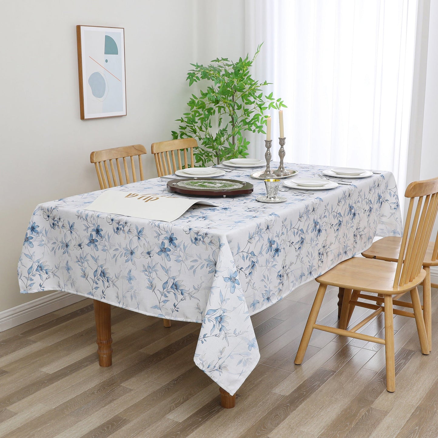 Tablecloth - Value Linen Look - Harvest Weave - Soft Blue Flowers #TC1810