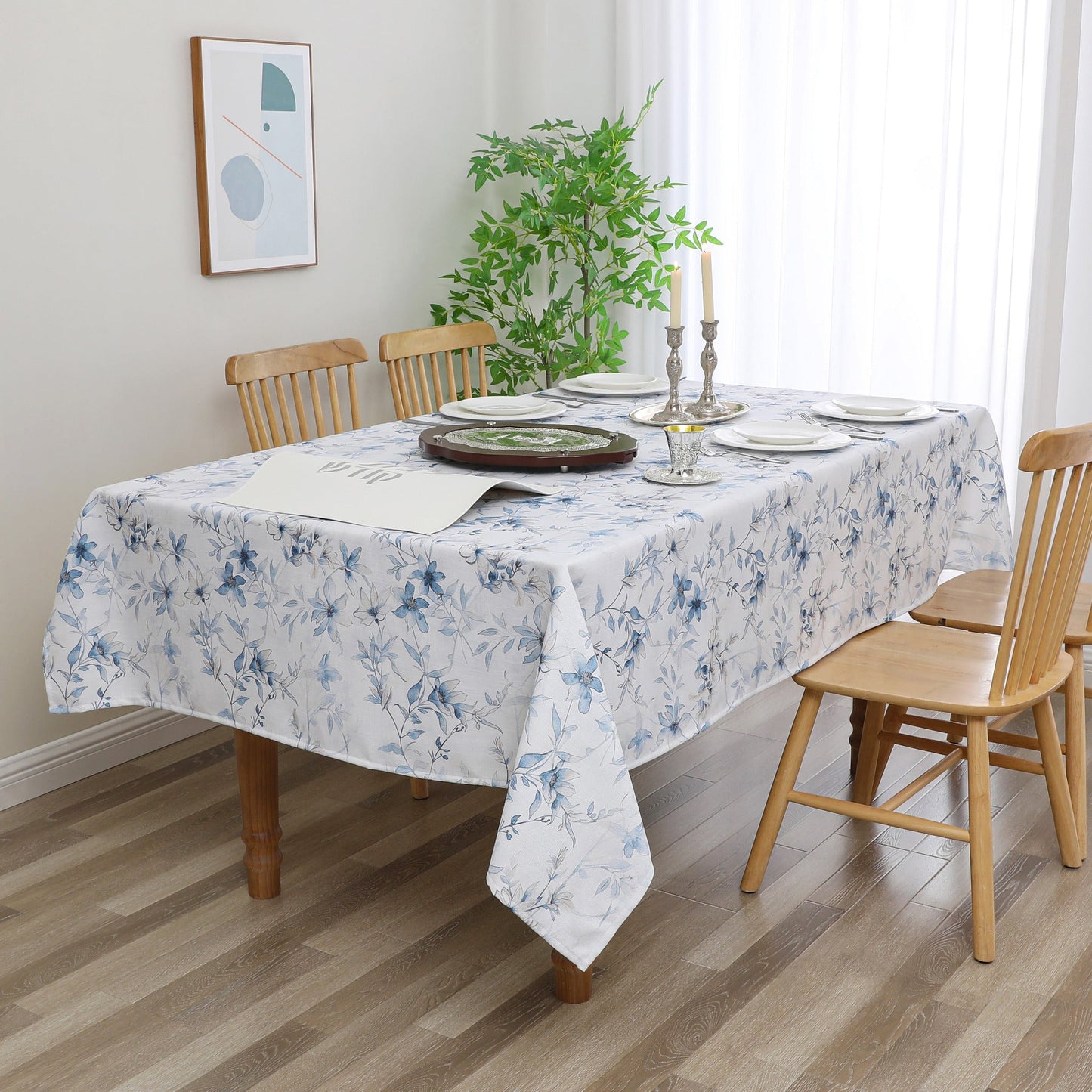 Tablecloth - Value Linen Look - Harvest Weave - Soft Blue Flowers #TC1810