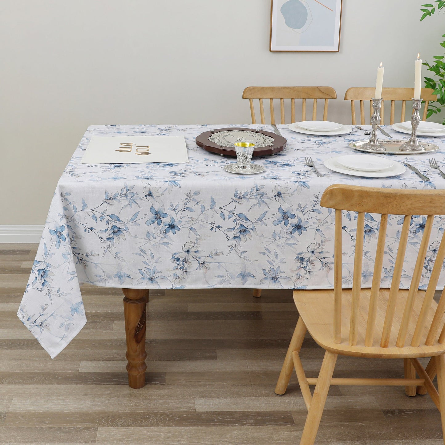 Tablecloth - Value Linen Look - Harvest Weave - Soft Blue Flowers #TC1810